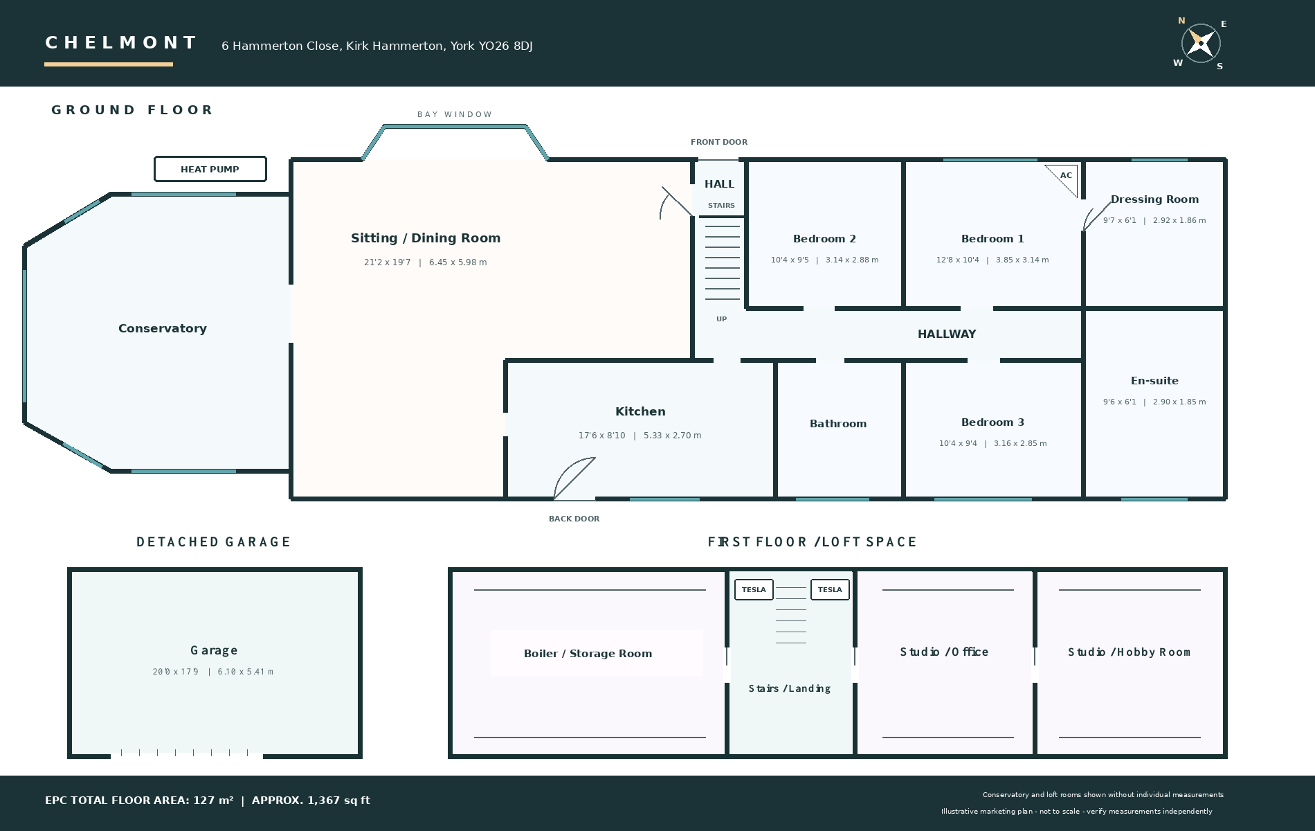Floor plan showing Chelmont’s ground floor, conservatory and upstairs rooms